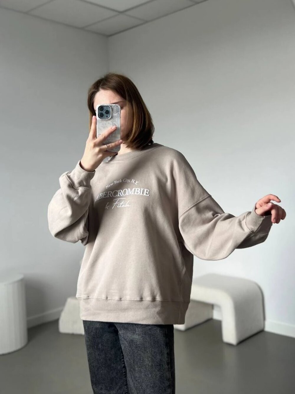 ABERCROMBIE & FITCH Taupe Cotton Fleece Embroidered Crew Sweatshirt, Size XS - Picture 2 of 14